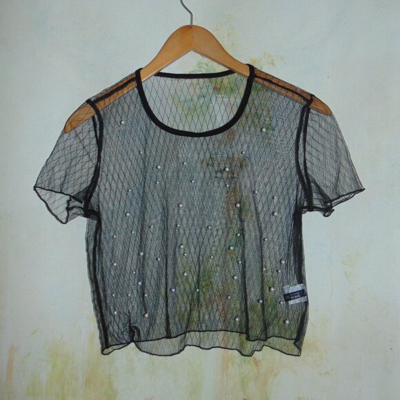 Shein Black Nylon Net Mesh With Faux Pearl Accents Sheer Crop Top Blouse Sz S - Picture 1 of 8